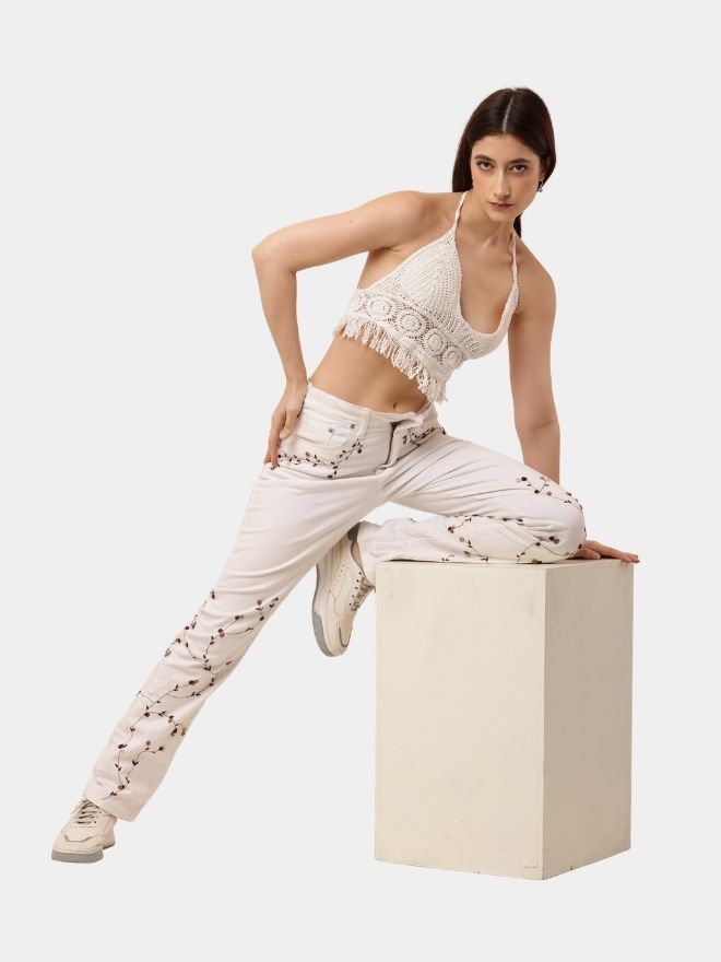 104 Reworked Floral Embroidered White Denim Pants – Upcycled Vintage Statement Piece - Image 1