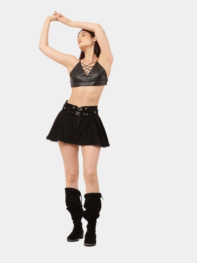 106 Black Tennis Skirt – Upcycled Asymmetrical Denim Mini - Image 1