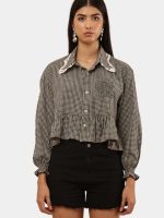 Upcycled Checkered Crop Shirt Top Bundle with Lace Collar – Mixed Colors & Variations - Image 3