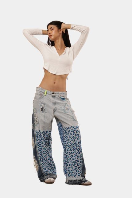 Vintage Reworked Denim Pants with Leopard Panel Detail | Upcycled Statement Wear