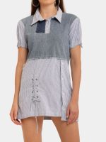 Formal Fusion with Denim – Reworked Vintage Denim & Striped Shirt Dress - Image 2