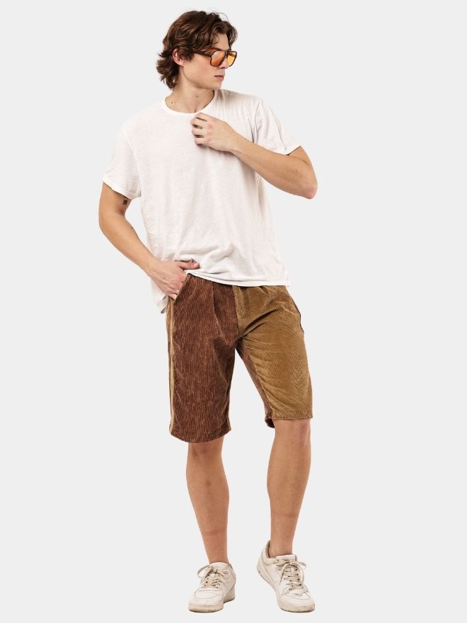 147 Reworked Corduroy Jorts – Beige Tonal Patchwork Shorts (Size 28–36) - Image 1