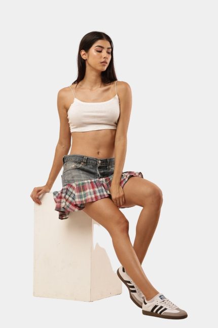 Reconstructed Vintage Denim & Plaid Mini Skirt