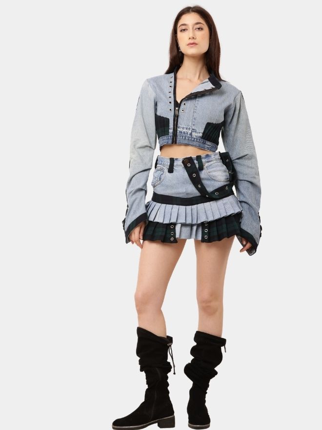 157 Upcycled Denim Co-Ord Set – Patchwork Jacket & Pleated Mini Skirt - Image 1