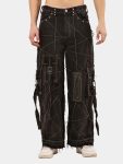 Black Panel Reworked Denim Cargo Pants – Contrast Stitch, Rhinestone Detail