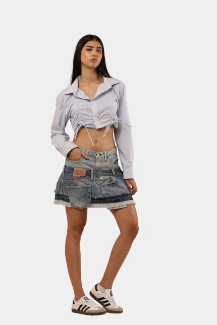 Upcycled Levi’s Patchwork Denim Skirt | Distressed Double Jean Design | Size 28–34