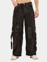 Black Panel Reworked Denim Cargo Pants – Contrast Stitch, Rhinestone Detail (Size 28–36) - Image 11
