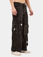 Black Panel Reworked Denim Cargo Pants – Contrast Stitch, Rhinestone Detail (Size 28–36) - Image 10