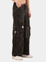 Black Panel Reworked Denim Cargo Pants – Contrast Stitch, Rhinestone Detail (Size 28–36) - Image 9