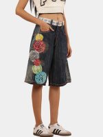 Upcycled Japanese Denim Embroidered Jorts | Floral Machine Embroidery | Statement Piece - Image 6
