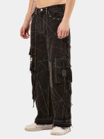 Black Panel Reworked Denim Cargo Pants – Contrast Stitch, Rhinestone Detail (Size 28–36) - Image 8