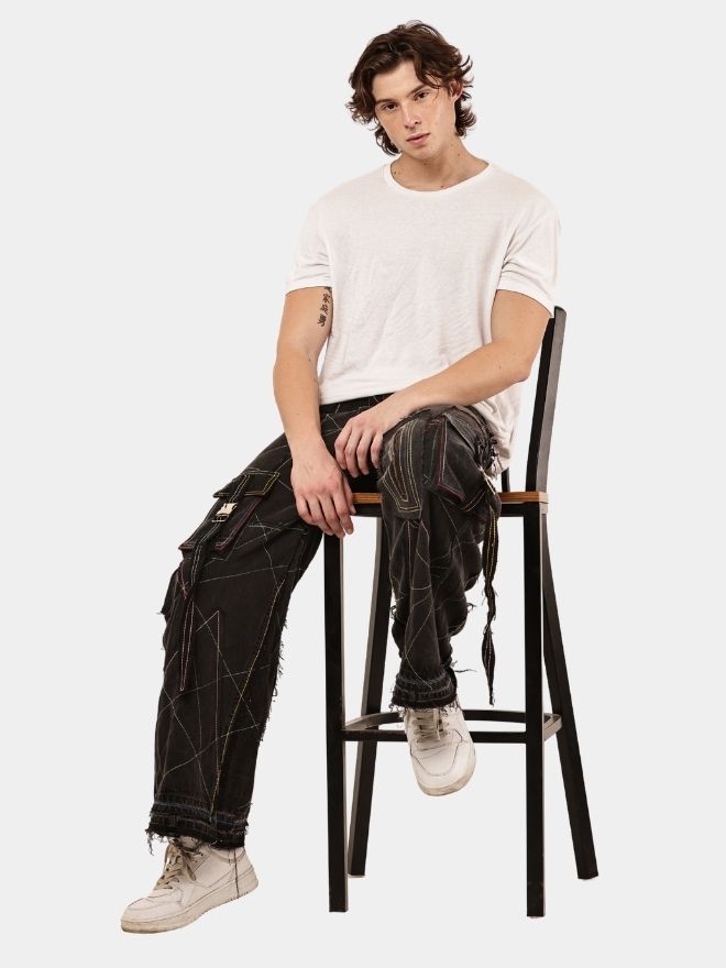27 Black Panel Reworked Denim Cargo Pants – Contrast Stitch, Rhinestone Detail (Size 28–36) - Image 1