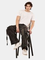 Black Panel Reworked Denim Cargo Pants – Contrast Stitch, Rhinestone Detail (Size 28–36) - Image 3