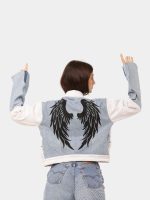 Reworked Wing Graphic Denim Jacket – Upcycled Deconstructed Patchwork - Image 13