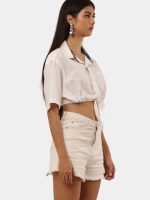Upcycled White Crop Shirt Top with Contrast Collar – Vintage Reworked Drawstring Style - Image 9