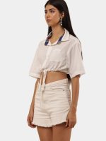Upcycled White Crop Shirt Top with Contrast Collar – Vintage Reworked Drawstring Style - Image 8
