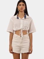 Upcycled White Crop Shirt Top with Contrast Collar – Vintage Reworked Drawstring Style - Image 7