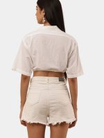 Upcycled White Crop Shirt Top with Contrast Collar – Vintage Reworked Drawstring Style - Image 6