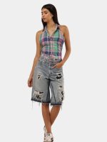 Upcycled Japanese Denim Embroidered Jorts | Floral Machine Embroidery | Statement Piece