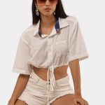 Upcycled White Crop Shirt Top with Contrast Collar – Vintage Reworked Drawstring Style