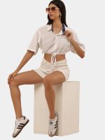 Upcycled White Crop Shirt Top with Contrast Collar – Vintage Reworked Drawstring Style - Image 4