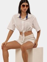 Upcycled White Crop Shirt Top with Contrast Collar – Vintage Reworked Drawstring Style - Image 3