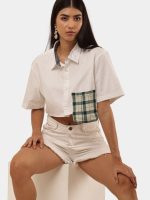 Upcycled Cropped Shirt Top with Green Patch Pocket | Handmade Sustainable Fashion - Image 2