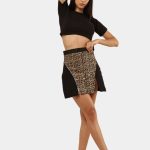 Reworked Vintage Denim & Canvas Skirt with Leopard Print & Zipper Detail