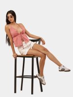 Upcycled Oversized Shirt Halter Top | Reworked Solid Pink Tie-Front Top - Image 6