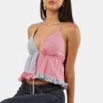 Upcycled Two-Tone Halter Neck Patchwork Top | Pink & Grey Handmade Crop Top