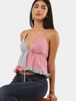 Upcycled Two-Tone Halter Neck Patchwork Top | Pink & Grey Handmade Crop Top