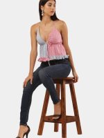 Upcycled Two-Tone Halter Neck Patchwork Top | Pink & Grey Handmade Crop Top - Image 6