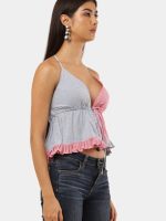 Upcycled Two-Tone Halter Neck Patchwork Top | Pink & Grey Handmade Crop Top - Image 5