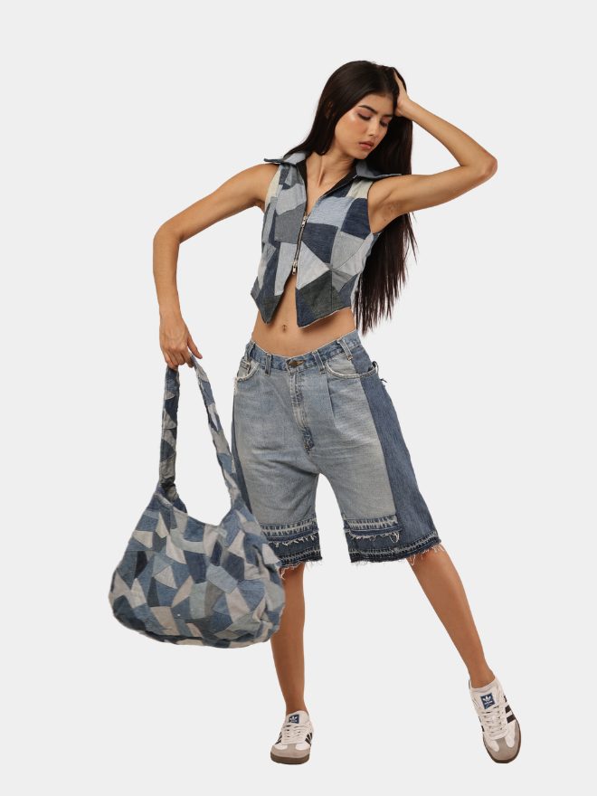 63 Upcycled Vintage Denim Co-Ord Set – Patchwork Vest & Skirt - Image 1