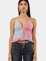 Upcycled Two-Tone Halter Neck Patchwork Top | Pink & Grey Handmade Crop Top - Image 4