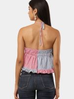 Upcycled Two-Tone Halter Neck Patchwork Top | Pink & Grey Handmade Crop Top - Image 3