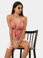 Upcycled Oversized Shirt Halter Top | Reworked Solid Pink Tie-Front Top - Image 3