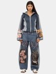 1 of 1 AW Reworked Narrative Denim Set – Unisex Upcycled Art Jacket & Wide Denim