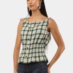 Upcycled Checkered Peplum Crop Top – Vintage Reworked Sleeveless Shirt Style