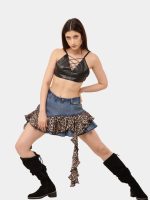 Safari Skirt – Upcycled Denim Leopard Ruffle Mini (Size 26–34) - Image 6