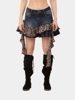 Safari Skirt – Upcycled Denim Leopard Ruffle Mini (Size 26–34) - Image 3
