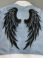 Reworked Wing Graphic Denim Jacket – Upcycled Deconstructed Patchwork - Image 3