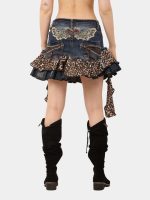 Safari Skirt – Upcycled Denim Leopard Ruffle Mini (Size 26–34) - Image 2