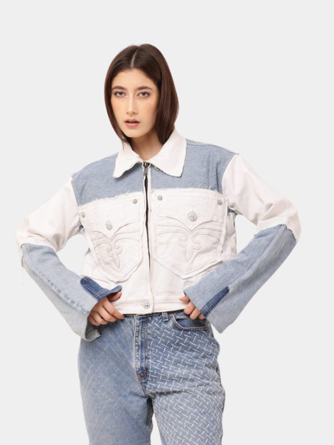 Untitled design Winged Rewind Co-Ord Set – Upcycled Denim with Sashiko & Graphic Print - Image 1