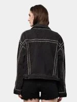 Silver Studded Black Denim Jacket – Hand Embellished Stud Work – Cropped Streetwear Jacket - Image 2