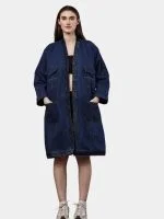 Reworked Denim Long Coat – Multi-Pocket Denim Coat with Hand Thread Work - Image 2