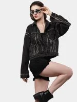 Silver Studded Black Denim Jacket – Hand Embellished Stud Work – Cropped Streetwear Jacket - Image 9