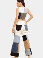 Upcycled Patchwork Baggy Denim Set – Multi-Brand Patch Jeans & Lace V-Neck Top - Image 2