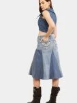 Broad Collar Reworked Levi’s Denim Top & Two-Tone Flared Studded Skirt Set
