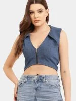 Broad Collar Reworked Levi’s Denim Top & Two-Tone Flared Studded Skirt Set - Image 7